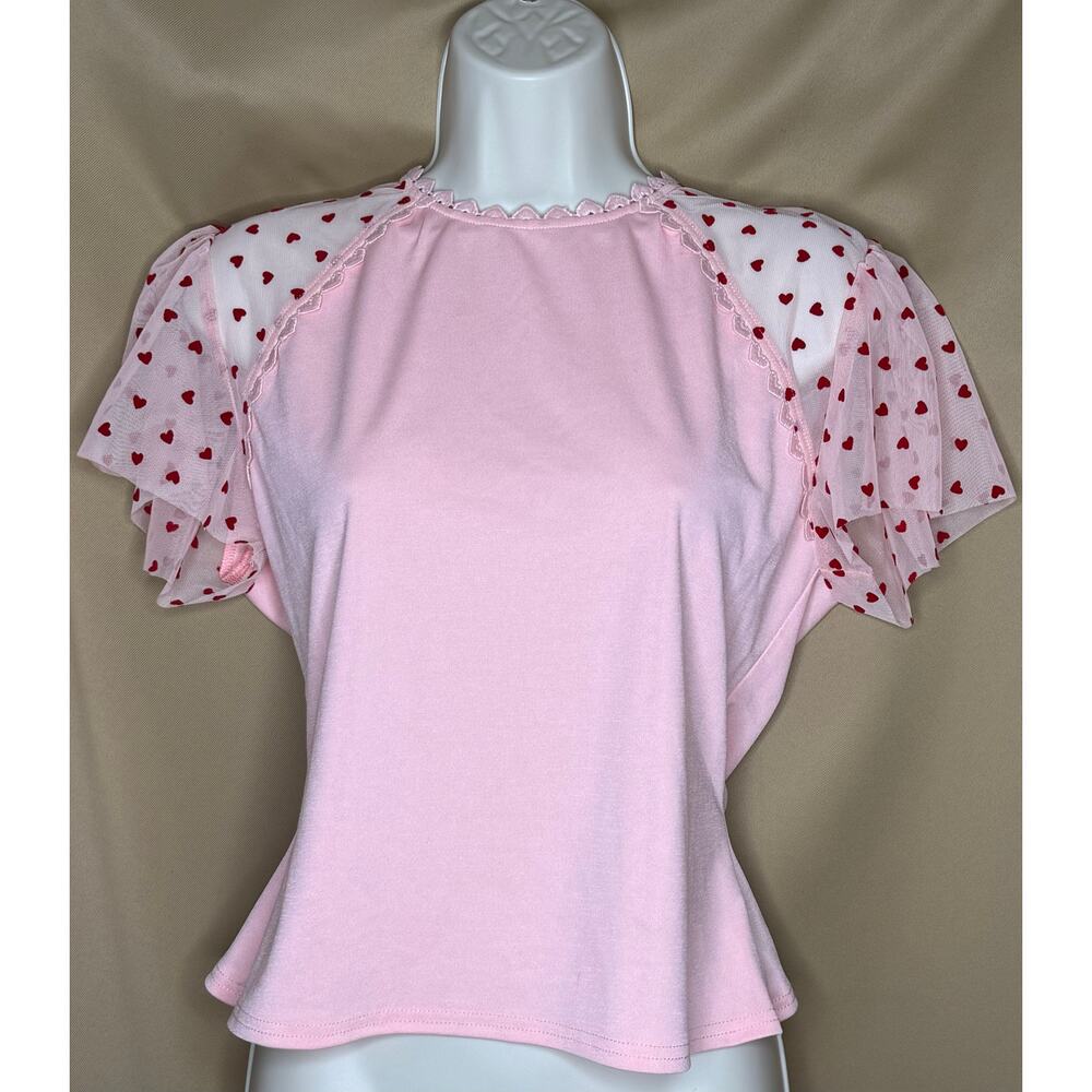 Unique Vintage Pink and Red Hearts Mesh Flutter Sleeve Blouse M 6 8 NWOT - Picture 3 of 6